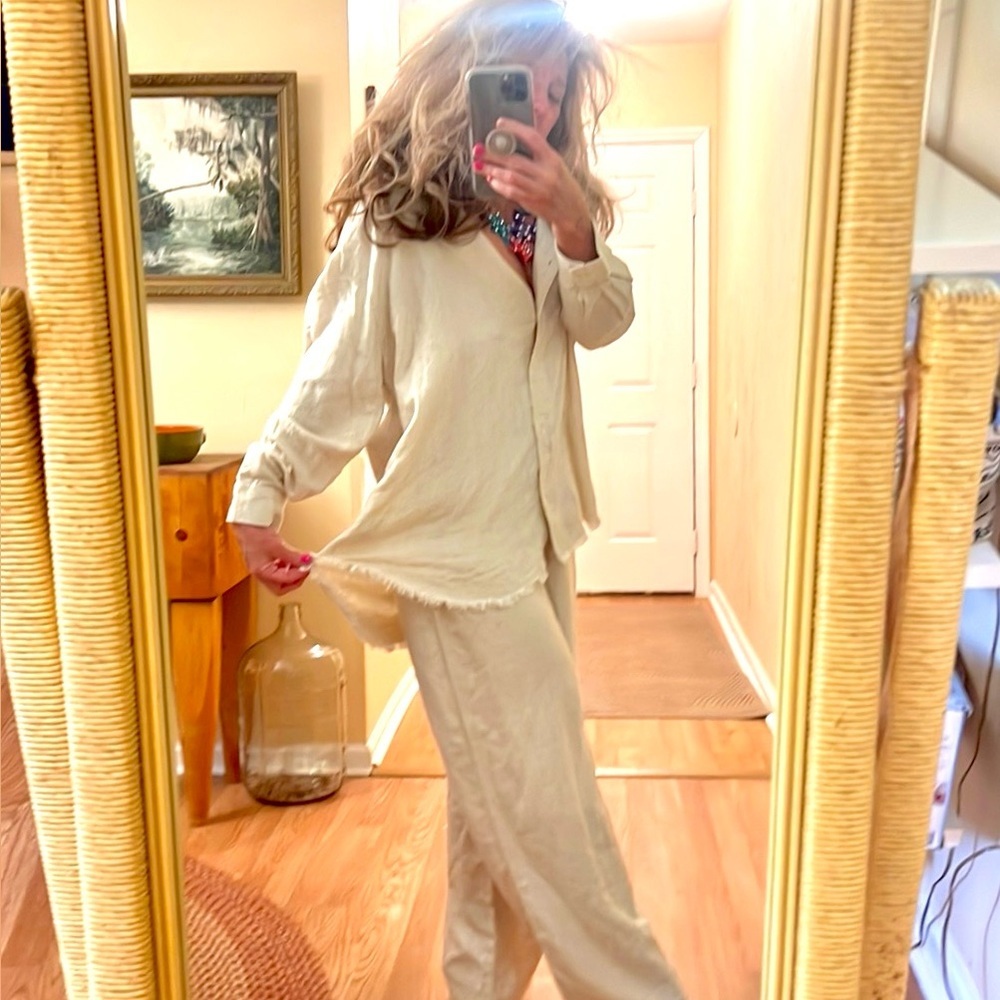 NWT,Neutral Linen Blend Textured Lounge Set Button Top + Fringe Pants EUC Size L - Picture 6 of 15